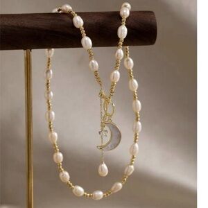 Mother Of Pearl Necklace Moon Charm OT Buckle White stainless steel jewelry NEW